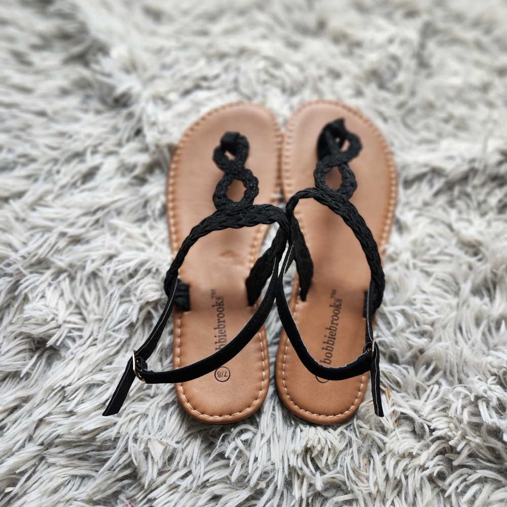 Bobbie Brooks Tan and Black Braided Sandals